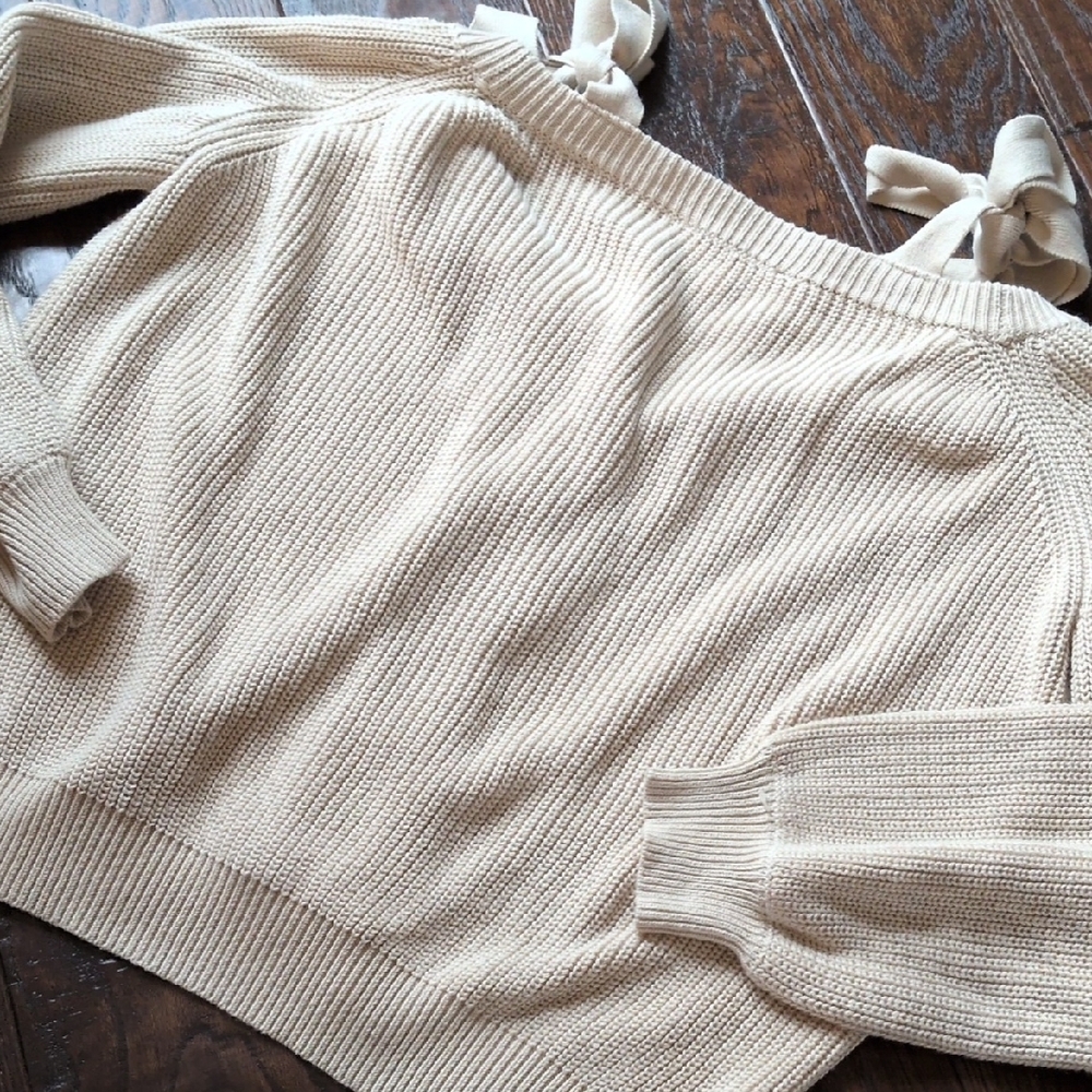 MABLE I Cream Off Shoulder Self-Tie Strap Button Down Cardigan Sweater, L - Picture 6 of 14
